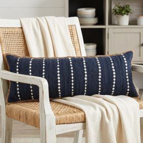 14" X 36" Blue and Beige Striped Cotton Blend Zippered Pillow