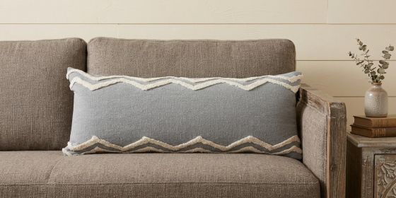14" X 36" Grey And Off-White 100% Cotton Chevron Zippered Pillow