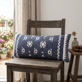 14" X 36" Navy And White 100% Cotton Geometric Zippered Pillow