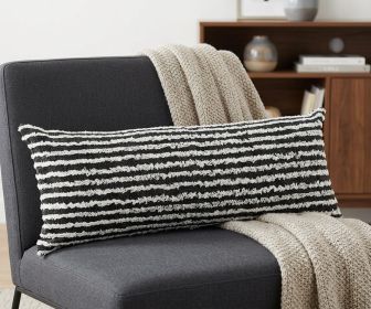14" X 36" Black And Cream 100% Cotton Striped Zippered Pillow
