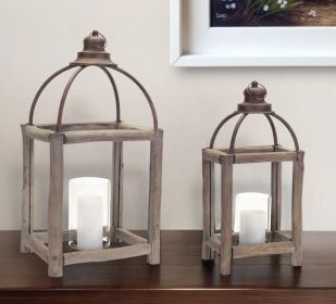 Set Of Two Gray Flameless Floor Lantern Candle Holder