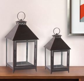 Set Of Two Black Flameless Floor Lantern Candle Holder