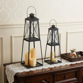 Set of Two Black Iron Ornate Tabletop Lantern Candle Holders