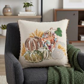 20" Beige and Green Thanksgiving Cotton Pillow With Applique, Embroidery Edges
