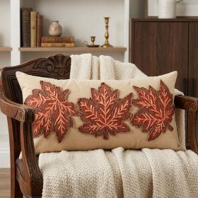 14" X 26" Beige and Brown Autumn Leaves Throw Pillow With Applique And Embroidery