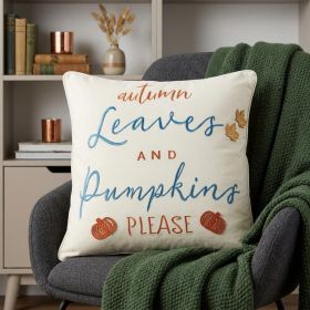 20" Ivory Blue and Orange Thanksgiving Cotton Pillow With Applique, Embroidery Edges