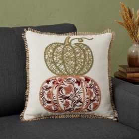18" Ivory Green and Red Thanksgiving Cotton Pillow With Applique, Embroidery Edges