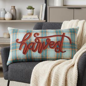 14" X 14" Blue and Orange Thanksgiving Wool Blend Pillow With Embroidery Edges