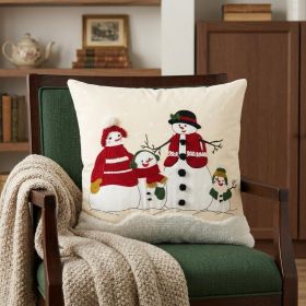 20" Red and Ivory Christmas Cotton Pillow With Applique, Embroidery, Pom Poms Edges