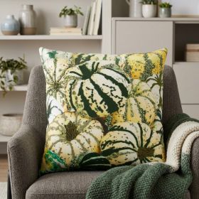 20" Green and White Thanksgiving Cotton Pillow With Embroidery, Beads Edges