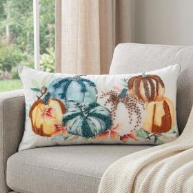 14" X 14" Blue and White Thanksgiving Cotton Pillow With Embroidery Edges