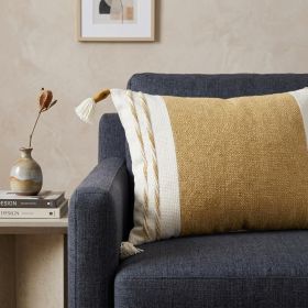 20" Yellow and White Color Block Cotton Throw Pillow With Tassels