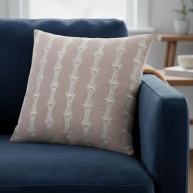 20" Pink and White Botanical Stripe Cotton Throw Pillow With Embroidery
