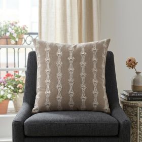 20" Taupe and White Botanical Stripe Cotton Throw Pillow With Embroidery