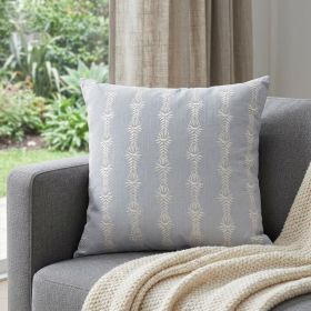 20" Light Blue and White Botanical Stripe Cotton Throw Pillow With Embroidery