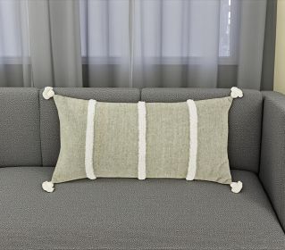 14" X 14" Green and White Cotton Pillow With Tassels Edges