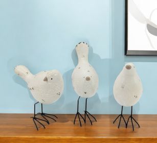 Set of Three White and Black Polyresin and Metal Bird Sculptures