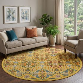 8' Yellow Round Floral Power Loom Area Rug