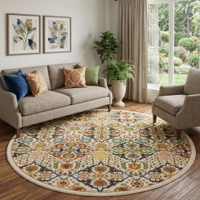 8' Ivory Round Floral Power Loom Area Rug