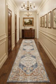 10' Denim Blue Oriental Power Loom Distressed Washable Runner Rug
