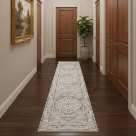 10' Light Blue Oriental Power Loom Distressed Washable Runner Rug
