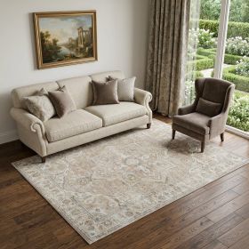 5' X 7' Beige Oriental Power Loom Washable Area Rug