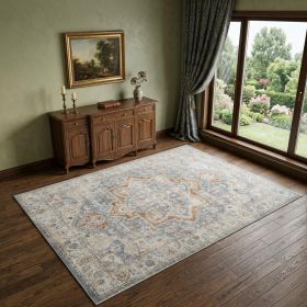 4' X 6' Denim Blue Oriental Power Loom Washable Area Rug