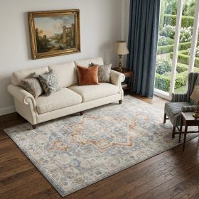 5' X 7' Denim Blue Oriental Power Loom Washable Area Rug