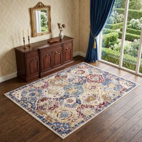 4' X 6' Navy Blue Damask Power Loom Distressed Area Rug