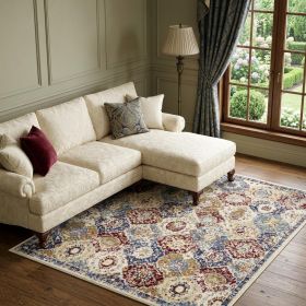 7' X 10' Navy Blue Damask Power Loom Distressed Area Rug