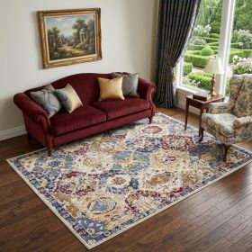 5' X 7' Navy Blue Damask Power Loom Distressed Area Rug