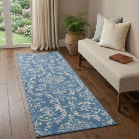 7' Blue Damask Power Loom Runner Rug