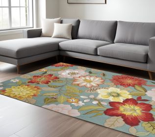 8' X 11' Green Floral Hand Hooked Handmade Area Rug