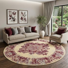 8' Cream Round Damask Power Loom Area Rug
