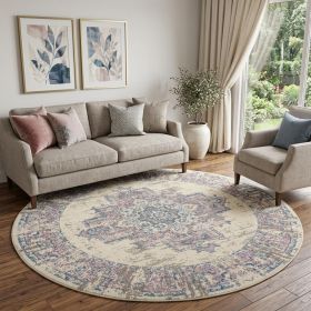 8' Pink Round Damask Power Loom Area Rug
