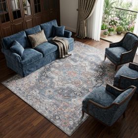 9' X 12' Blue And Pink Floral Power Loom Distressed Washable Area Rug