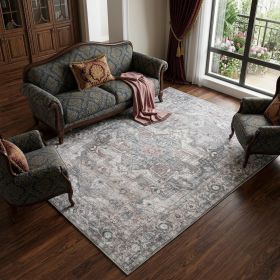 9' X 12' Gray Floral Power Loom Distressed Washable Area Rug