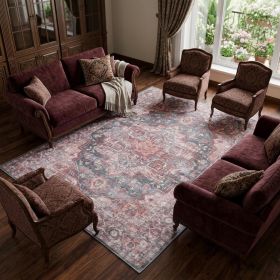 9' X 12' Red Floral Power Loom Distressed Washable Area Rug