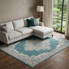 8' X 10' Aqua Floral Power Loom Distressed Area Rug