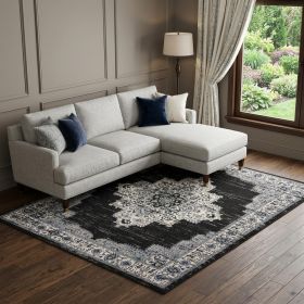 8' X 10' Black Floral Power Loom Distressed Area Rug