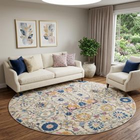8' Cream Round Floral Power Loom Area Rug