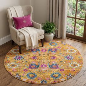 5' Gold Round Floral Power Loom Area Rug