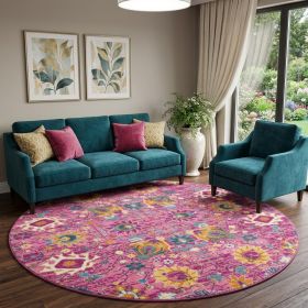 8' Pink Round Floral Power Loom Area Rug