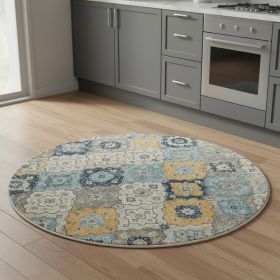 5' Blue and Gray Round Geometric Washable Non Skid Area Rug
