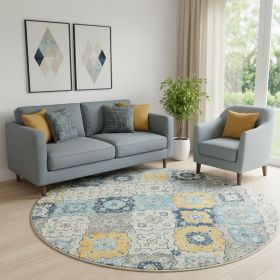 8' Blue and Gray Round Floral Washable Non Skid Area Rug