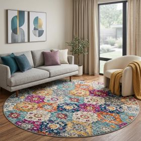 8' Rust Round Geometric Washable Non Skid Area Rug