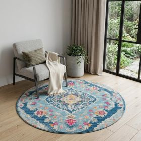 5' Blue and Gray Oriental Distressed Round Rug