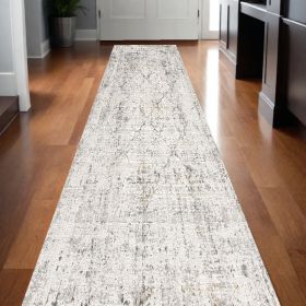 13' Gray and Ivory Damask Distressed Runner Rug