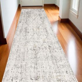 20' Gray and Ivory Damask Distressed Runner Rug