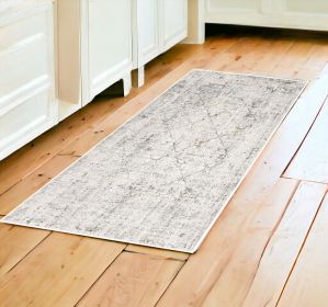 8' Runner Gray and Ivory Damask Washable Non Skid Area Rug